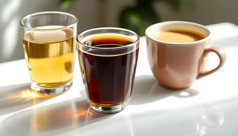 白いカウンターの上に並んだ3種類のノンカフェインドリンク。ルイボスティー、ごぼう茶、たんぽぽコーヒーが異なるカップに注がれている。